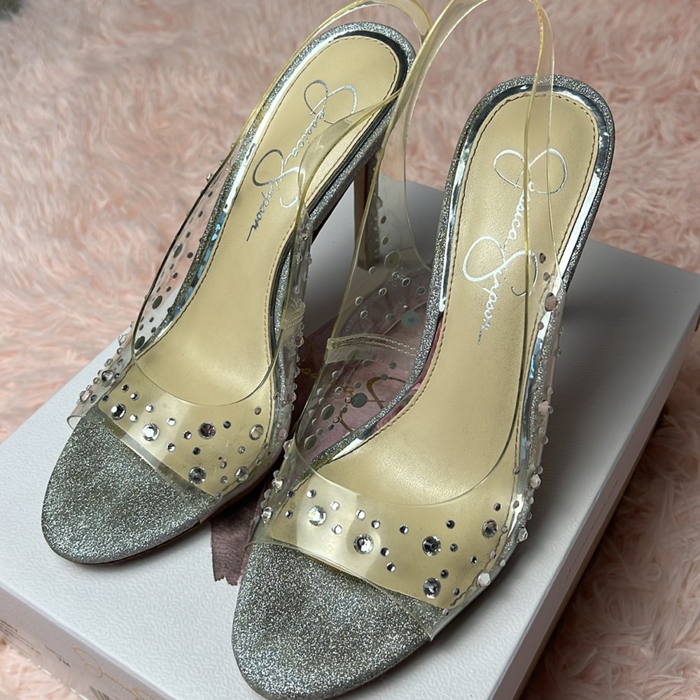 🪩 Jessica Simpson Clear/ Silver PVC Rhinestone Cinderella Sandal Size 7M/ 7.5
